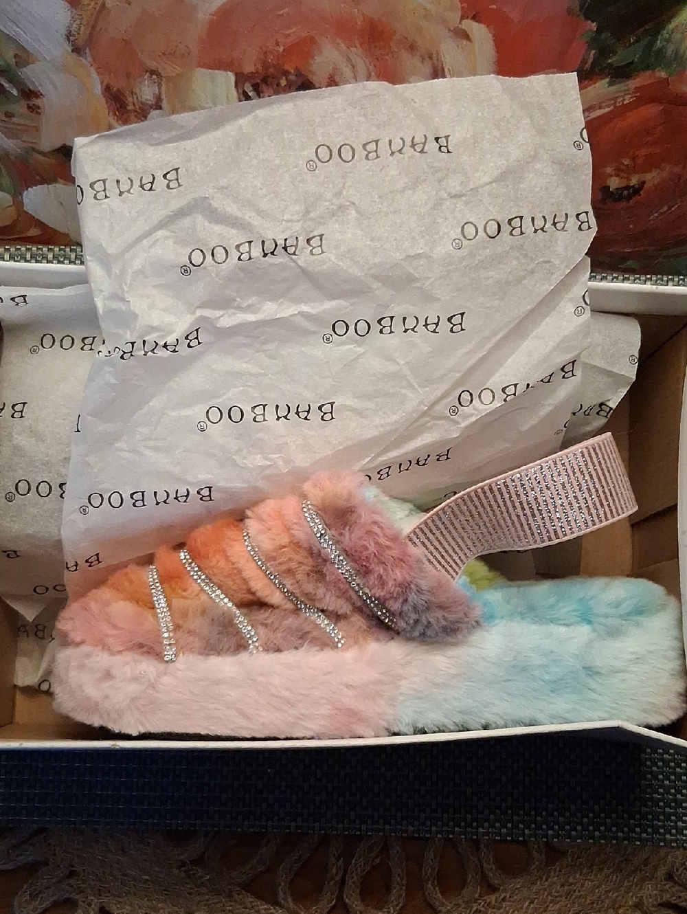 BAMBOO Pastel Multi Faux Fur Slide Sandal with Rhinestone Straps